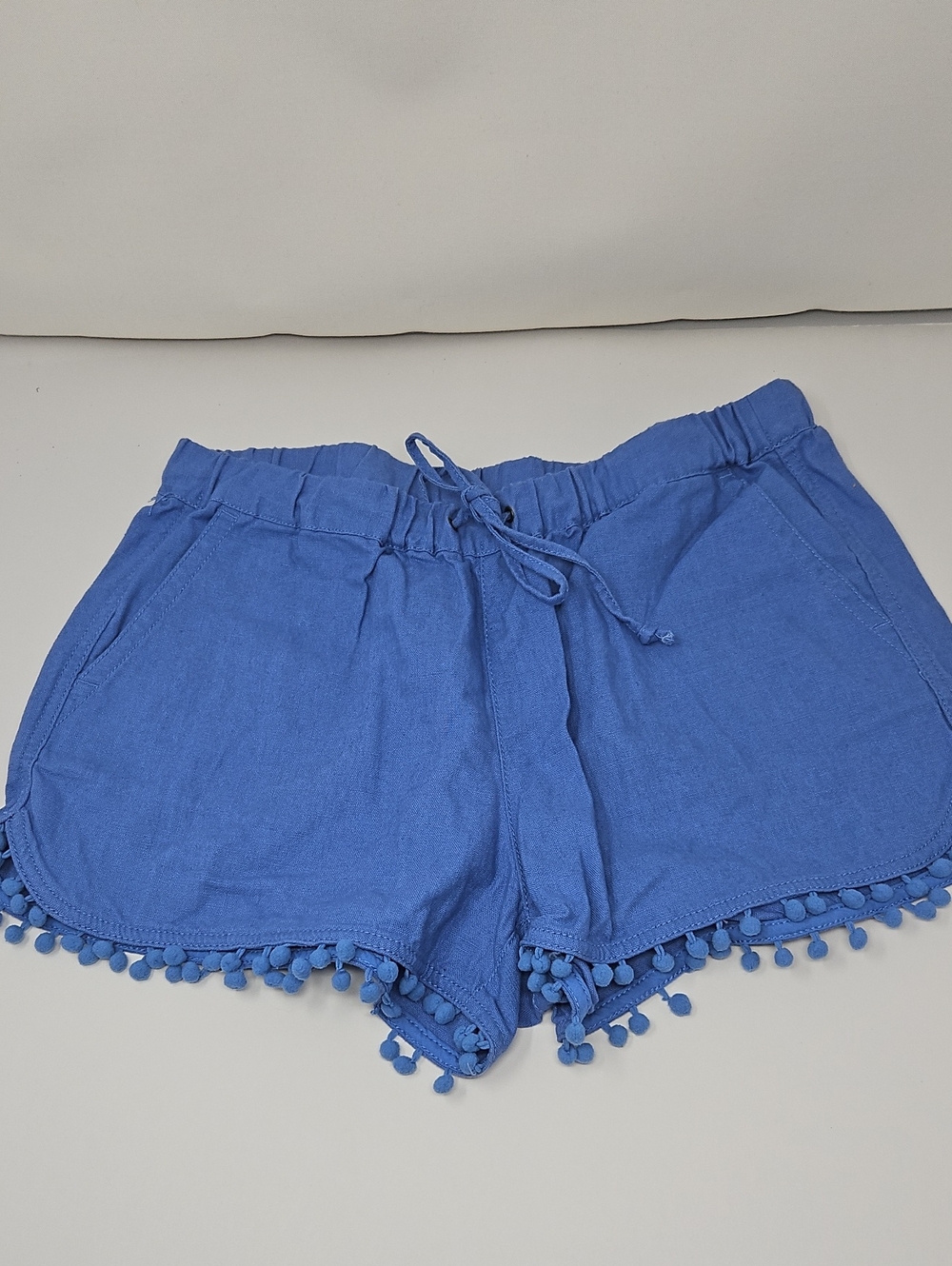 J. Crew Blue High-Waist Pom-Pom Trim Linen Blend Shorts Pockets Size S